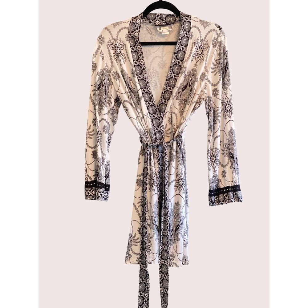 Donatella Studio wrap Robe Belt Black White Floral Paisley Soft Bath Lounge Sle